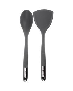 Oster Ridgecrest 2 Piece Silicone Kitchen Tool Serving Spoon and Turner Set in Gray